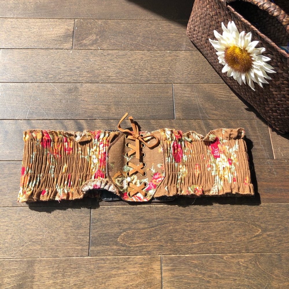 Boho Floral Waist Belt with Leather Corset Detail